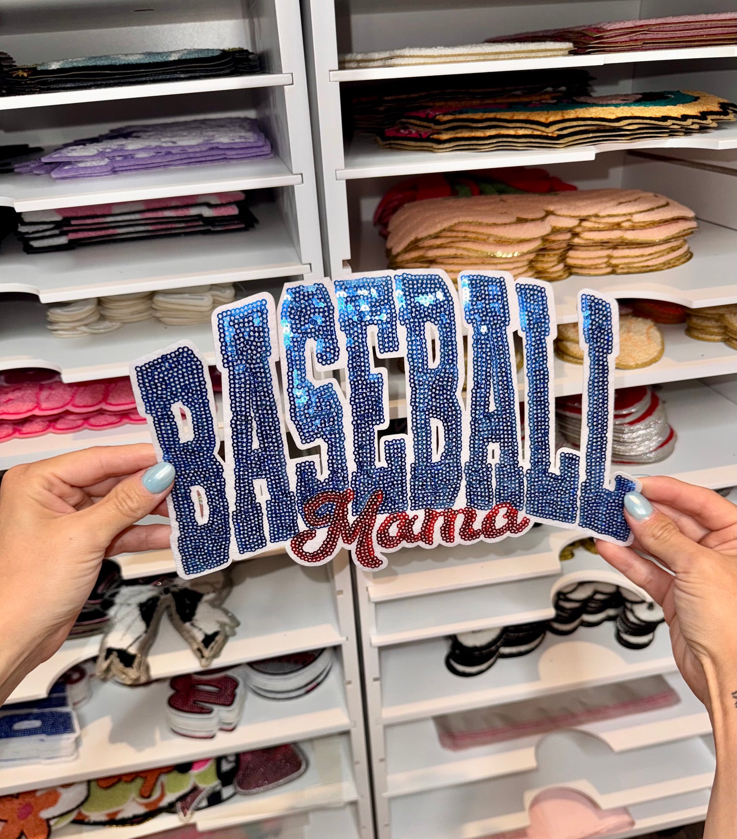 Blue and Red Baseball Mama - Sequin Patch