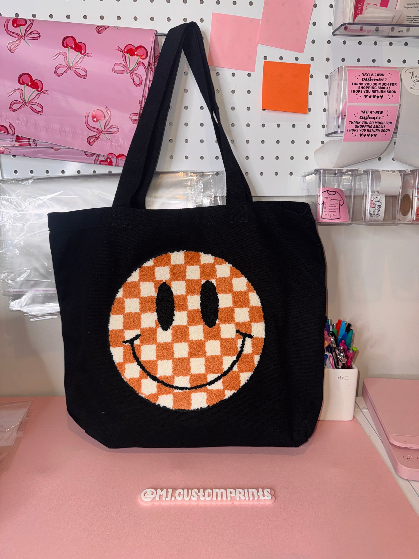 Smiley Checkered Black Tote Bag