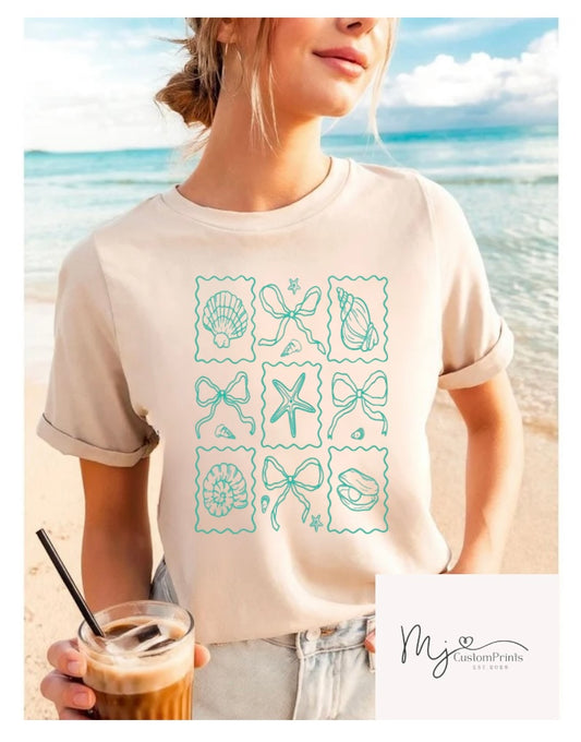 " Green Sea Shells & Bows "Screen Print