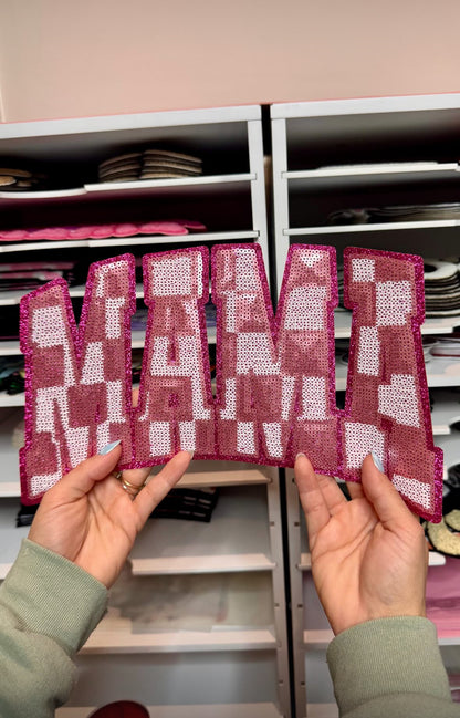 Pink Checkered Mama- Sequin Patch